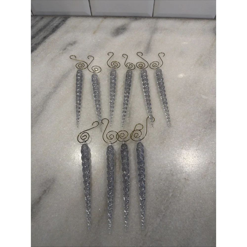 Icicle Ornaments Clear Plastic 5 Inches Long Set of 10 With Gold Ornate Hooks 01